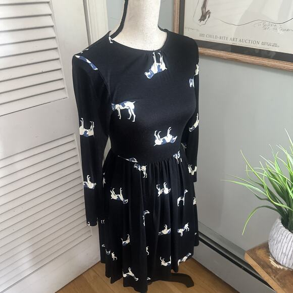 MODCLOTH Dress Womens XS Black Bird Dog Print Fit Flare Party Jersey Stretch - Picture 3 of 10